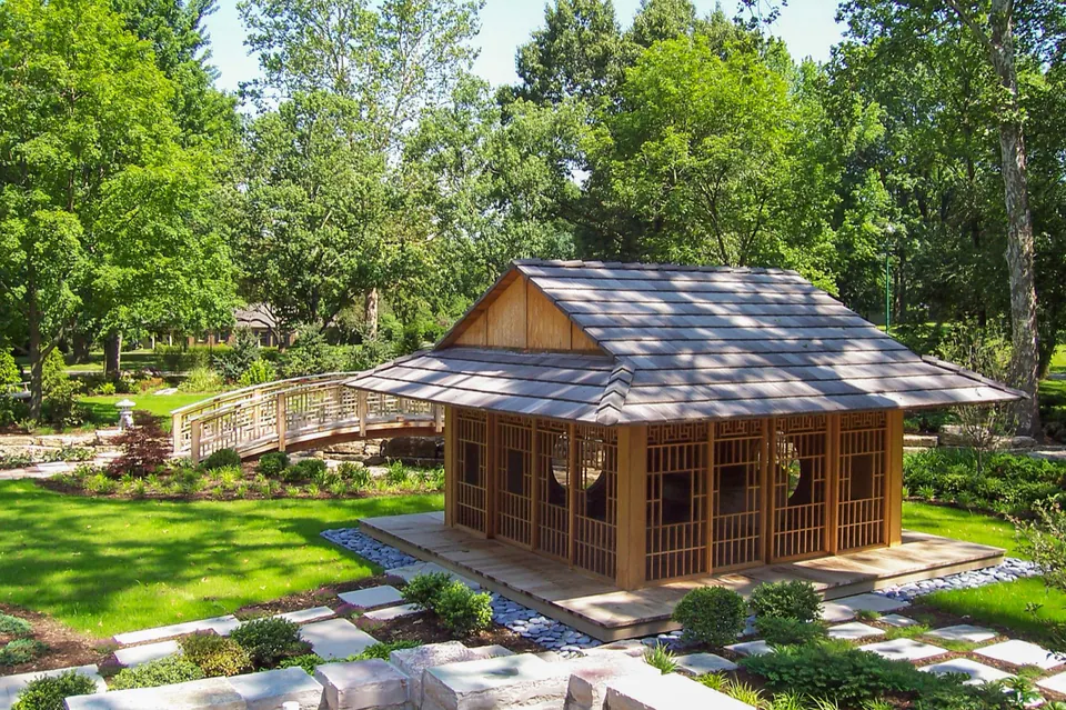 Elevated view of a garden pavilion with surrounding paths and planting